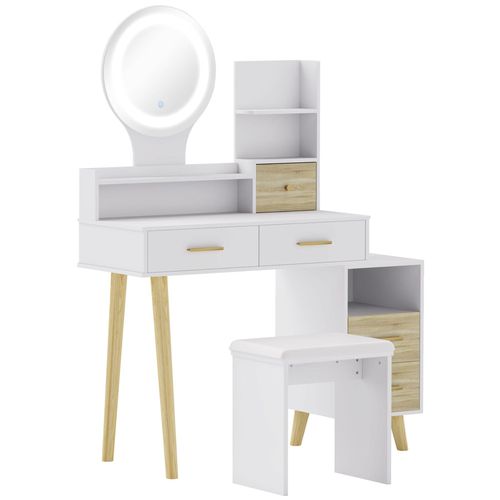 Ensemble Coiffeuse Tabouret Miroir Led Réglable - 5 Tiroirs, 3 Étagères, Niche - Bois Blanc