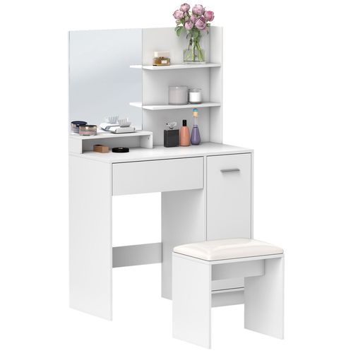 Ensemble Coiffeuse Miroir Avec Tabouret - Porte, Tiroir, 4 Étagères, Niche - Blanc