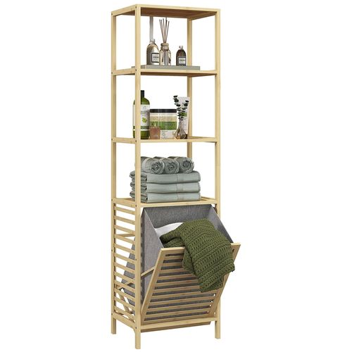 Meuble Colonne Salle De Bain - 3 Étagères, Panier À Linge Amovible - Tissu Gris Bambou Verni