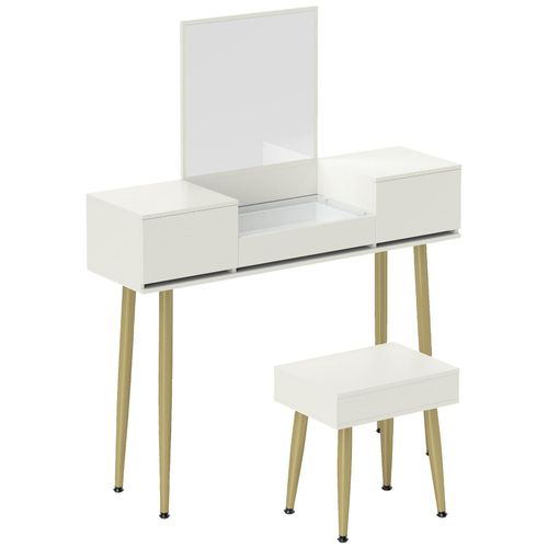 Ensemble Coiffeuse Tabouret Coffre Avec Miroir Design - 3 Tiroirs, Plateau Verre Trempé - Métal Doré Blanc