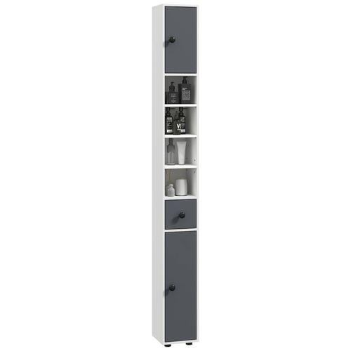 Meuble Colonne Salle De Bain 2 Portes 2 Étagères 4 Niches Tiroir Poignées Métal Noir Panneaux Blanc Gris