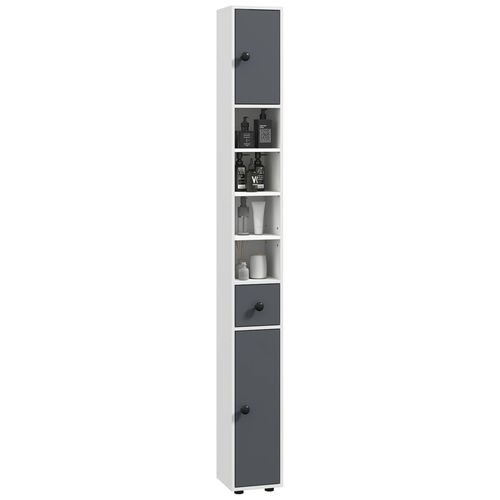 Meuble Colonne Salle De Bain 2 Portes 2 Étagères 4 Niches Tiroir Poignées Métal Noir Panneaux Blanc Gris