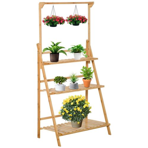 Étagère Échelle À Fleurs En Bois De Bambou - Porte Plante Bois 3 Étagères + Barre Support Pour Pots Suspendus