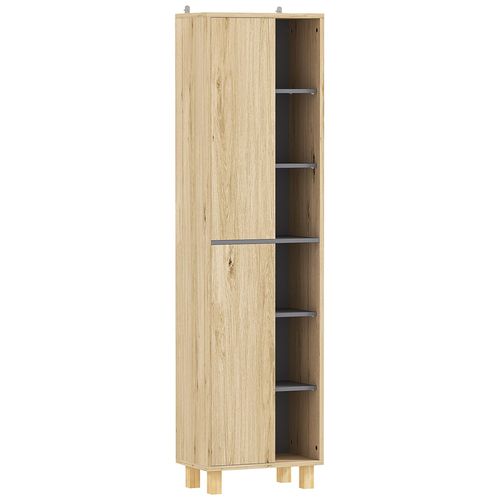 Colonne Salle De Bain Design H.148 Cm - 2 Portes, 4 Étagères, 6 Niches - Gris Effet Bois Clair Naturel