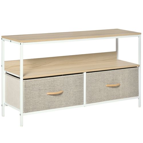 Meuble Tv Industriel 2 Tiroirs Tissu Gris Acier Mdf Blanc Bois Clair