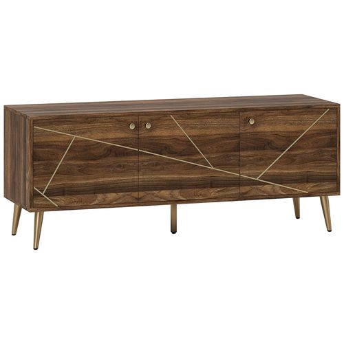 Meuble Tv Design 3 Portes 2 Étagères Piètement Effilé Incliné Acier Poignées Boutons Lignes Dorées Effet Bois