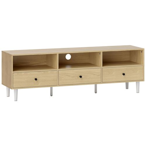 Meuble Tv Banc Tv Sur Pieds Effilés - 3 Tiroirs, 3 Niches, Passe-Câble - Dim. 140 X 34 X 45 Cm - Métal Effet Bois Naturel