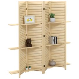 Paravent intérieur 4 panneaux 3 étagères pliables séparateur de pièce portes persiennes bois de paulownia naturel