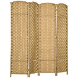 Paravent intérieur pliable 4 panneaux 160 x 170 cm - séparateur de pièce finition tressée - PP bois pin beige