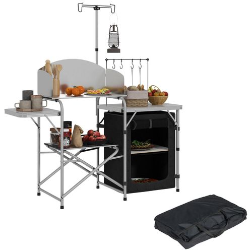 Rangement Cuisine De Camping Pliable Étagères Tablette Station De Cuisson Alu Tissu Noir