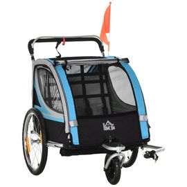 Remorque Vélo Jogger 2 En 1 Pour Enfant Drapeau Roue Avant Pivotante Réflecteurs Et Barre D¿Attelage Inclus Bleu Noir