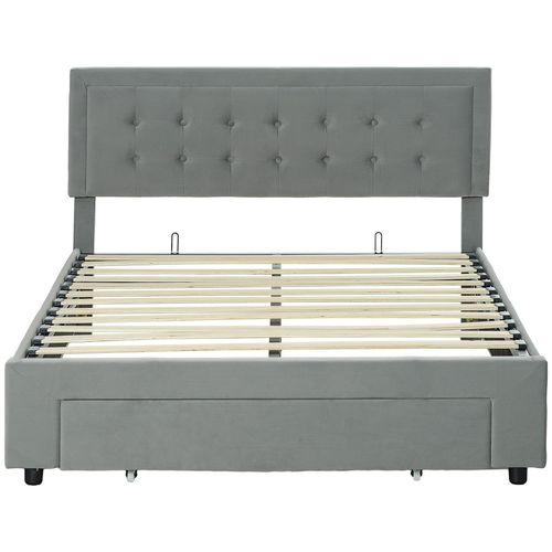 Lit Double Design Industriel - Tête De Lit, Pied De Lit Et Sommier - Dim. 145l X 203,5p X 95-104h Cm - Compatible Matelas 140 X 200 Cm - Tissu 100% Polyester, Rembourrage Mousse, Bois D'eucalyptus, Panneau Multicouche
