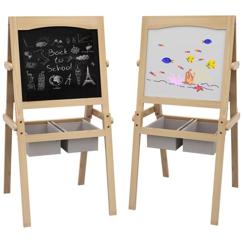 Tableau Enfant - Chevalet Enfant - Ardoise Double Face - Tableau Blanc Tableau À Craie - Rouleau Papier, 2 Paniers Rangement - Mdf Pin
