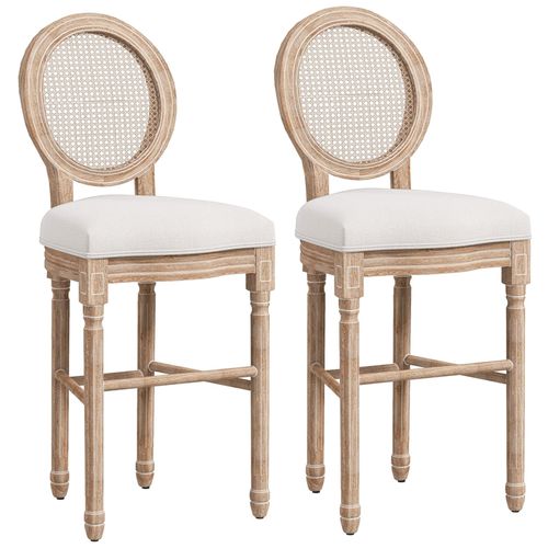 Lot De 2 Chaises De Bar Tabourets De Bar Médaillon Style Louis Xvi Bois Sculpté Patiné Tissu Crème