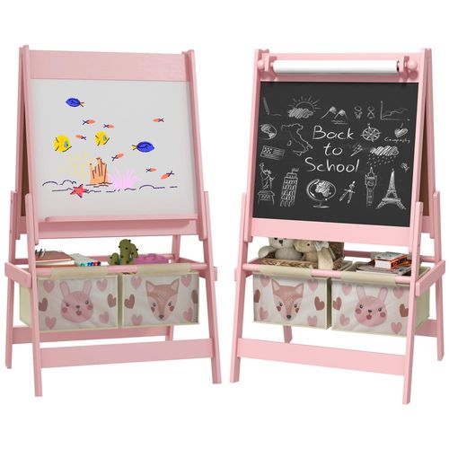 Tableau Chevalet Enfant - Tableau Blanc, Tableau À Craie, Rouleau Papier 3 En 1 - Paniers Rangement Intégrés - Mdf Pin Rose