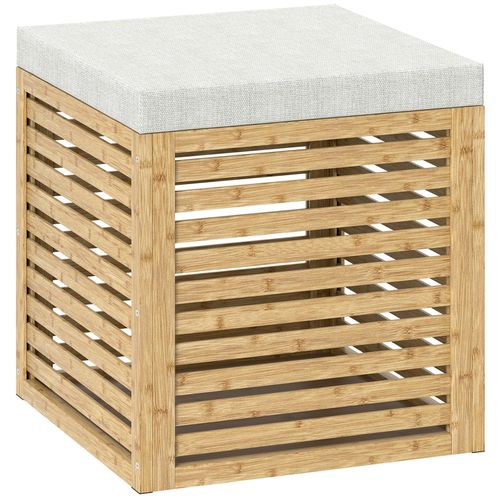 Pouf Coffre Style Cosy Chic - Lattes Bambou Verni - Coussin Toucher Lin Gris Clair