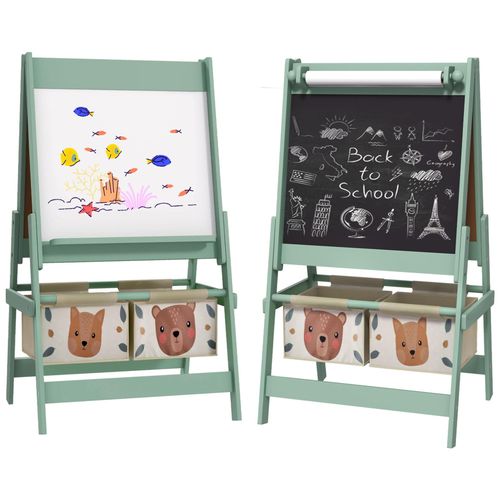 Tableau Chevalet Enfant - Tableau Blanc, Tableau À Craie, Rouleau Papier 3 En 1 - Paniers Rangement Intégrés - Mdf Pin Vert