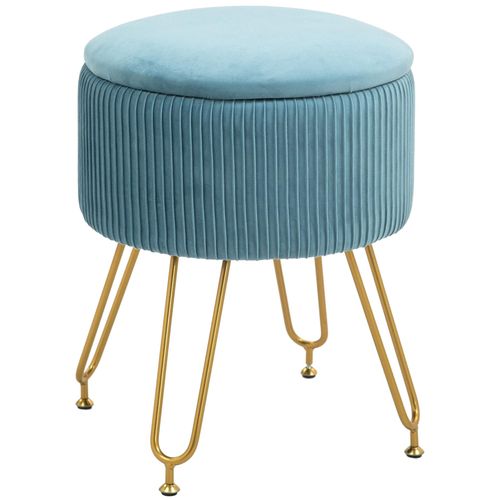 Pouf Coffre Style Art Déco - Piètement Épingle Acier Doré Assise Velours Bleu Clair