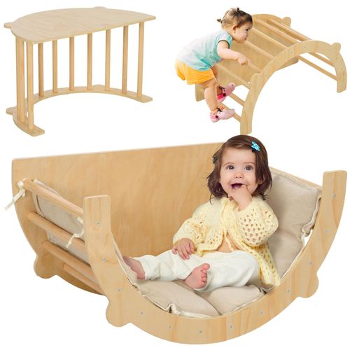 Ensemble D'escalade En Bois 3 En 1 - Arche, Bascule, Table - Coussin Inclus - Panneaux Bois Pin