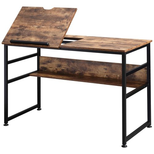Bureau Informatique Design Industriel - Plateau Relevable, Étagère - Panneaux Particules Aspect Vieux Bois Métal Noir