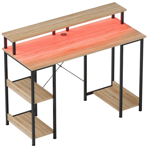 Bureau Informatique Design Industriel Led - 3 Étagères, Réhausseur D'écran - Acier Noir Effet Bois Naturel