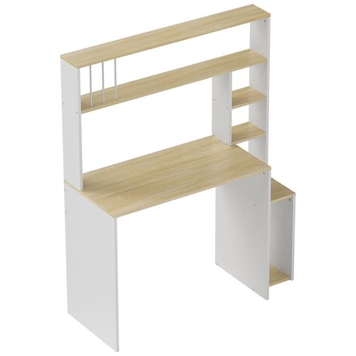 Bureau Informatique Multi-Rangement - 4 Étagères, Espace Unité Centrale - Blanc Effet Chêne Clair