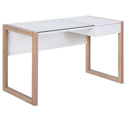 Bureau Informatique Contemporain Tiroir Verre Aspect Bois Blanc
