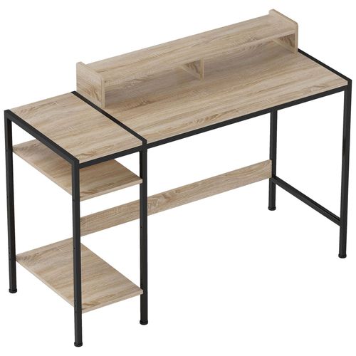 Bureau Informatique Style Industriel - Grand Plateau 120 Cm Avec Réhausseur - 2 Étagères - Acier Noir Effet Chêne Clair