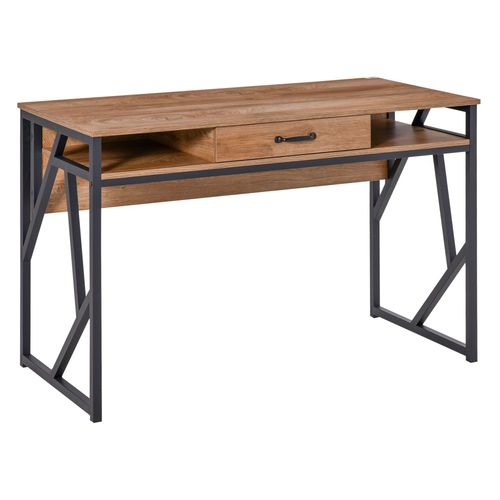 Bureau Style Industriel Tiroir 2 Niches Métal Noir Aspect Bois Noyer