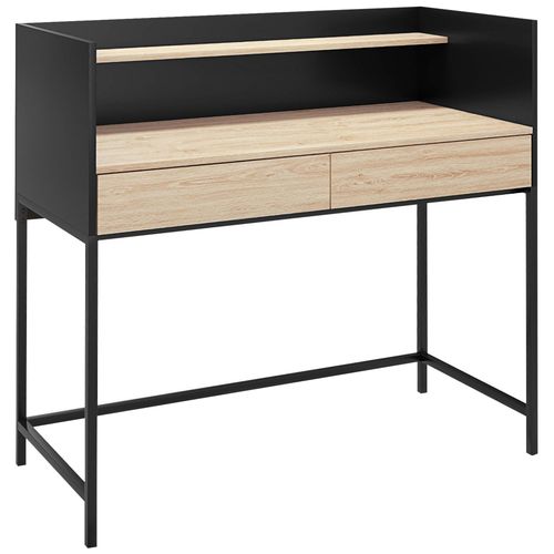 Bureau Secrétaire Style Industriel - 2 Tiroirs, Étagère - Métal Noir Aspect Chêne Clair