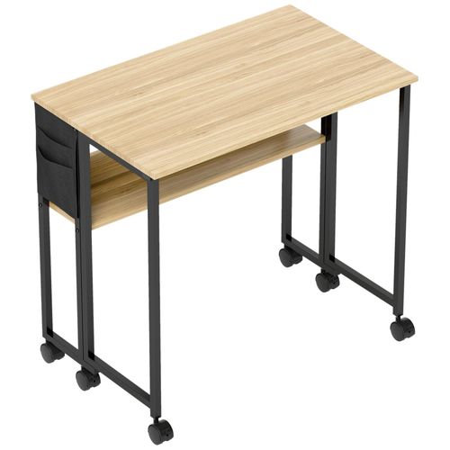 Bureau Pliable À Roulettes Dim. 80x50cm Étagère Pochette Rangement Acier Noir Effet Chêne Clair