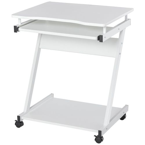 Bureau Informatique Roulant - Bureau Mobile - Table D'ordinateur - Tablette Coulissante Clavier + Étagère - Blanc