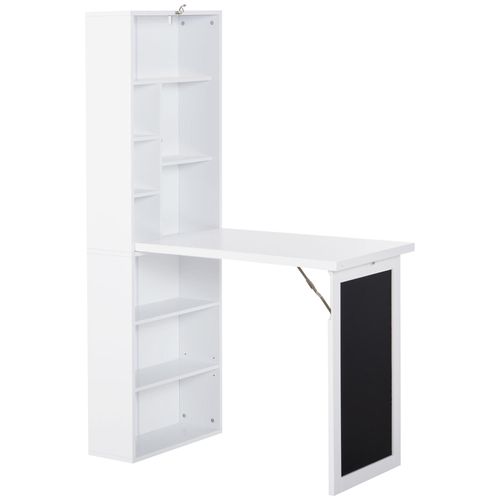 Bureau Mural Pliable Table Murale Rabattable Suspendue Sur Pied Avec Bibliothèque Tableau À Craie Intégré Panneaux Particules Blanc