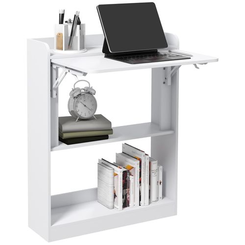 Bureau Mural Pliable D'appoint Table Murale Rabattable Suspendue Avec Bibliothèque 3 Étagères Panneaux Blanc