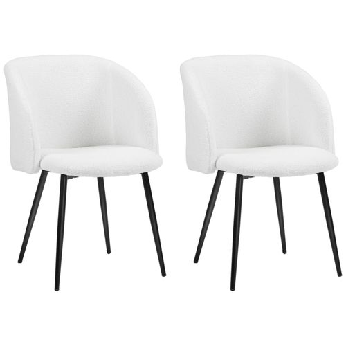Chaises De Visiteur Design - Lot De 2 Chaises - Piètement Incliné Effilé Acier Noir - Revêtement Effet Laine Bouclée Blanc
