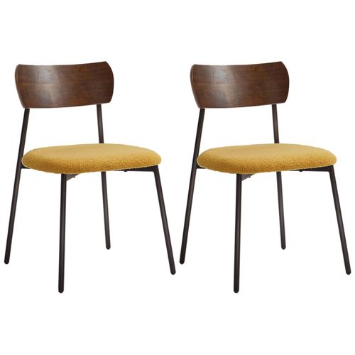 Lot De 2 Chaises Style Vintage Piètement Structure Métal Noir Dossier Aspect Bois Assise Effet Laine Bouclée Jaune