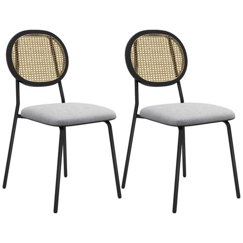 Lot De 2 Chaises Style Vintage Piètement Structure Acier Noir Dossier Ovale Aspect Rotin Assise Tissu Gris