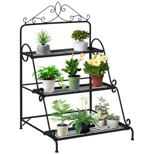 Support Pour Plantes Présentoir Avec Étagères En Métal 3 Niveaux Forme Escalier Intérieur/Extérieur Dim. 60,5l X 59,5l X 95,5h Cm Noir