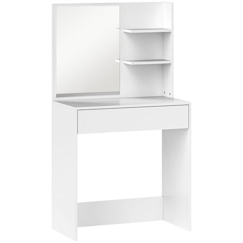 Coiffeuse Miroir Style Contemporain - 2 Étagères Latérales, Grand Tiroir - Blanc