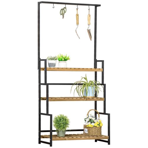 Étagère Échelle À Fleurs 3 Niveaux - Porte Plante Bois 3 Étagères - 4 Crochets Pour Pots Suspendus - Métal Noir Bois Sapin