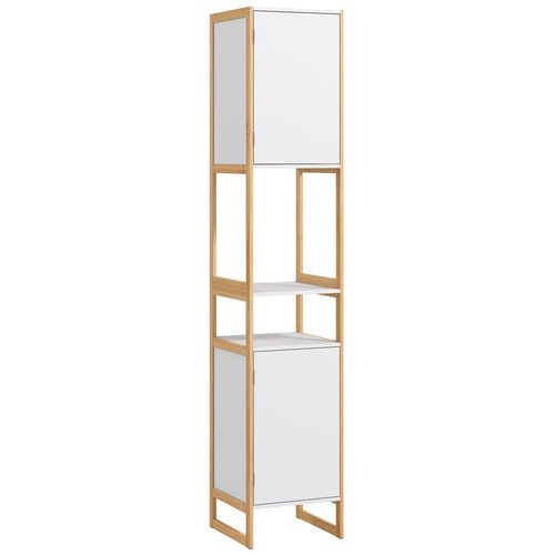 Meuble Colonne Salle De Bain 2 Niches 2 Portes Étagère Dim. 33l X 33l X 170h Cm Bambou Blanc