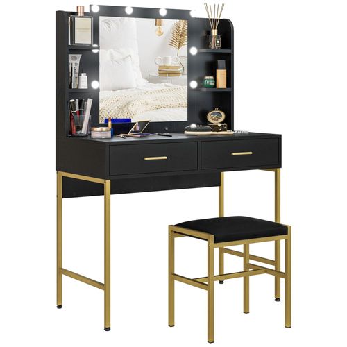 Ensemble Coiffeuse Miroir Led Tabouret Style Art Déco - 2 Tiroirs, 4 Étagères - Acier Doré Bois Noir