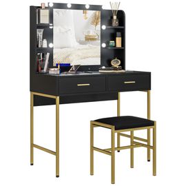 Ensemble Coiffeuse Miroir Led Tabouret Style Art Déco - 2 Tiroirs, 4 Étagères - Acier Doré Bois Noir