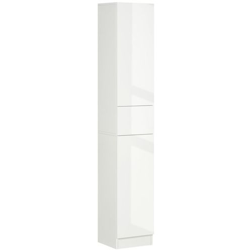 Meuble Colonne Rangement Salle De Bain Style Contemporain Façade Laquée 2 Portes 3 Étagères Tiroir Panneaux Mdf Blanc