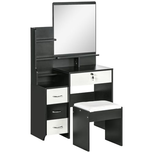 Ensemble Coiffeuse Tabouret 4 Tiroirs 4 Étagères Miroir Noir Blanc