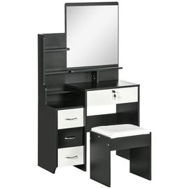 Ensemble Coiffeuse Tabouret 4 Tiroirs 4 Étagères Miroir Noir Blanc