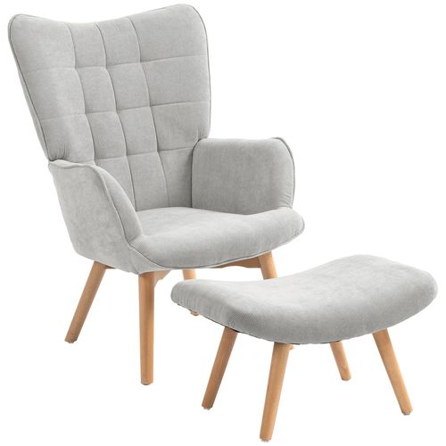 Fauteuil À Oreilles Et Son Repose-Pieds Piètement Bois Velours Côtelé Dossier Effet Capitonné Gris