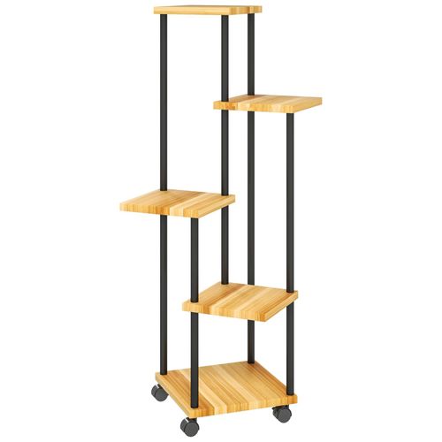 Etagère À Fleurs 5 Niveaux - 4 Roulettes, 2 Freins - Acier Époxy Noir Bois Verni