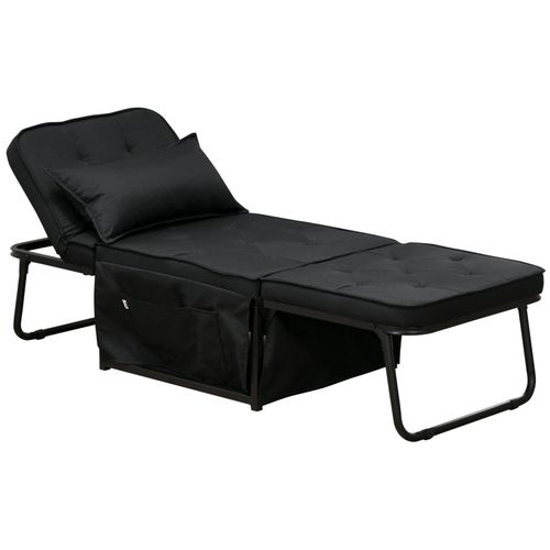 Fauteuil Chaise Longue Lit Pouf 4 En 1 Dossier Inclinable 5 Niveaux Repose-Pied Rabattable Châssis Acier Noir Tissu Noir