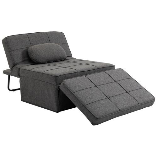 Fauteuil Chauffeuse Chaise Longue Pouf 3 En 1 Dossier Inclinable 5 Niveaux Repose-Pied Rabattable Châssis Métal Noir Lin Gris